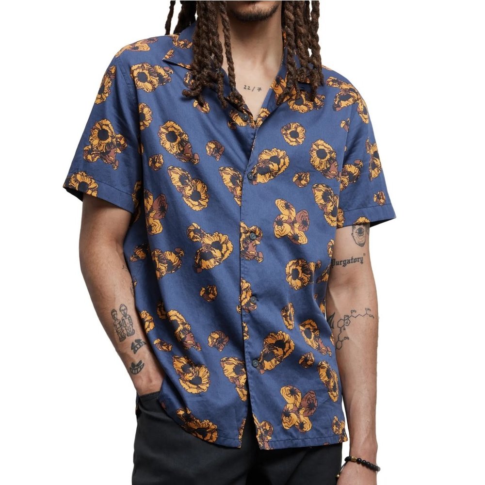John Varvatos Men's Danny Bold Floral Print Cotton SS Button Camp Shirt Blue L - Picture 1 of 6